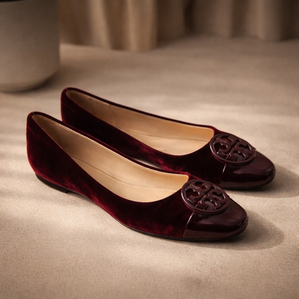Tory Burch Deep Wine Velvet & Patent Logo Ballet Flats